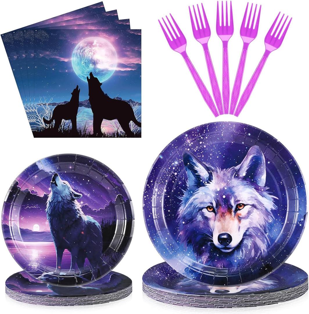 122 Pcs Wolf Party Supplies: 48 Paper Plates (24x7", "9 inches), 50 Napkins, 24 Plastic Forks; Blue, Animal Print; Perfect for 24 Guests; All Occasions