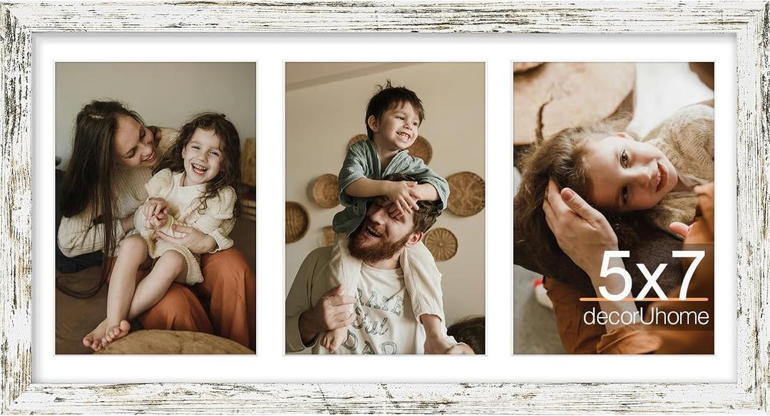 decorUhome 8x16 Picture Frames Collage Wall Decor, Display 3Pcs 5x7 Photos with Mat or 1Pcs 8x16 Unmatted, 3 5x7 Collage Picture Frames for Wall Mounting, Distressed White