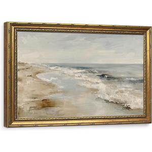 Large Vintage Gold Framed Coastal Wall Art, Neutral Seascape Canvas Prints, Serene Ocean Beach Landscape Painting Picture, Aesthetic Nature Artwork for Living Room, 16x24 Inch