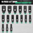 1/2 Inch Drive Impact 16 PCS Hex Socket Set,Metric Deep (10-32mm) Sockets,6 Point Radius Corner Design,CR-MO Alloy Steel,Square Chamfered Opening,Axle Nut Socket For Auto Repair