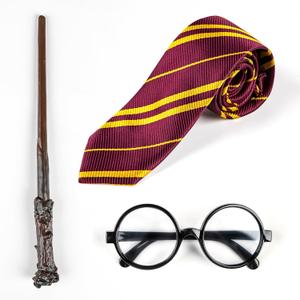 Wizard Costume Accessories Set - Black Nerd Glasses, Striped Tie & Magic Wand - Cosplay Props for Kids & Adults, Halloween Party, Classroom Role Play, Stage Performance, School Dress Up
