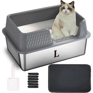 Suhaco Small Stainless Steel Litter Box Side Entry High Walls Deep Kitty Litter Boxes with High Side Removable Lid, Litter Mat and Scoop Included for Medium Cats (Grey)