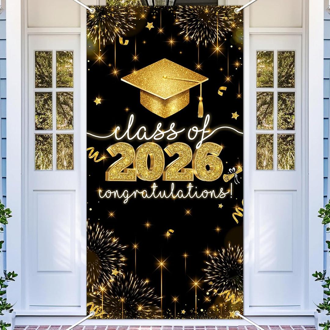 Avezano Graduation Decorations 2026 Black and Gold Class of 2026 Banner Graduation Door Cover Grad Party Decorations