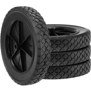 4 Pack 10 Inch Rubber Replacement Tire, Semi-Pneumatic Tire Plastic Wheel Lawn Mower Wheels with 1/2 Inch Bore Offset Axle for Hand Trucks, Lawnmowers, Utility Carts, Black