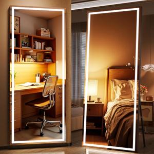 Full Length Mirror with Lights, 81" x 34" Large LED Lighted Floor Standing Body Mirror, Dimmable & 3 Color Lighting for Bedroom, Cloakroom, Dressing Room, Tempered Glass, Square Black