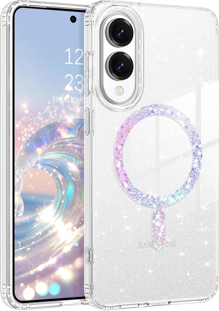 DOMAVER Magnetic for Samsung Galaxy S25 Edge Case Clear Glitter [Compatible with MagSafe] Bling Sparkle Soft Protective Cover Compatible with Samsung S25 Edge -Glitter Clear