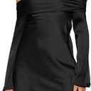 HYPERFIRE Women's Elegant Satin Off The Shoulder Long Sleeve Mini Dress Tie Back Wedding Cocktail Dresses (Black) Small