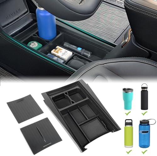 Center Console Tray with Slide Cover Push-Pull Storage Box Adjustable Cup Holder Interior Accessories Compatible with Rivian R1T/R1S 2022 2023 2024