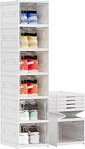 Shoe Storage Organizer Box 6-Tier Foldable Collapsible Stackable Shoe Rack Bins, Fit Size 12, No Assembly, for Men and Women