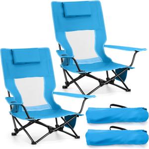 Joyfair 2 Pack Beach Chair Camping Chairs Set(High Back), Heavy Duty Folding Low Lawn Camp Chair for Adults for Outdoor Sport Fishing, Armrest Chair with Portable Bag, Pillow, Cup Holder (Blue)