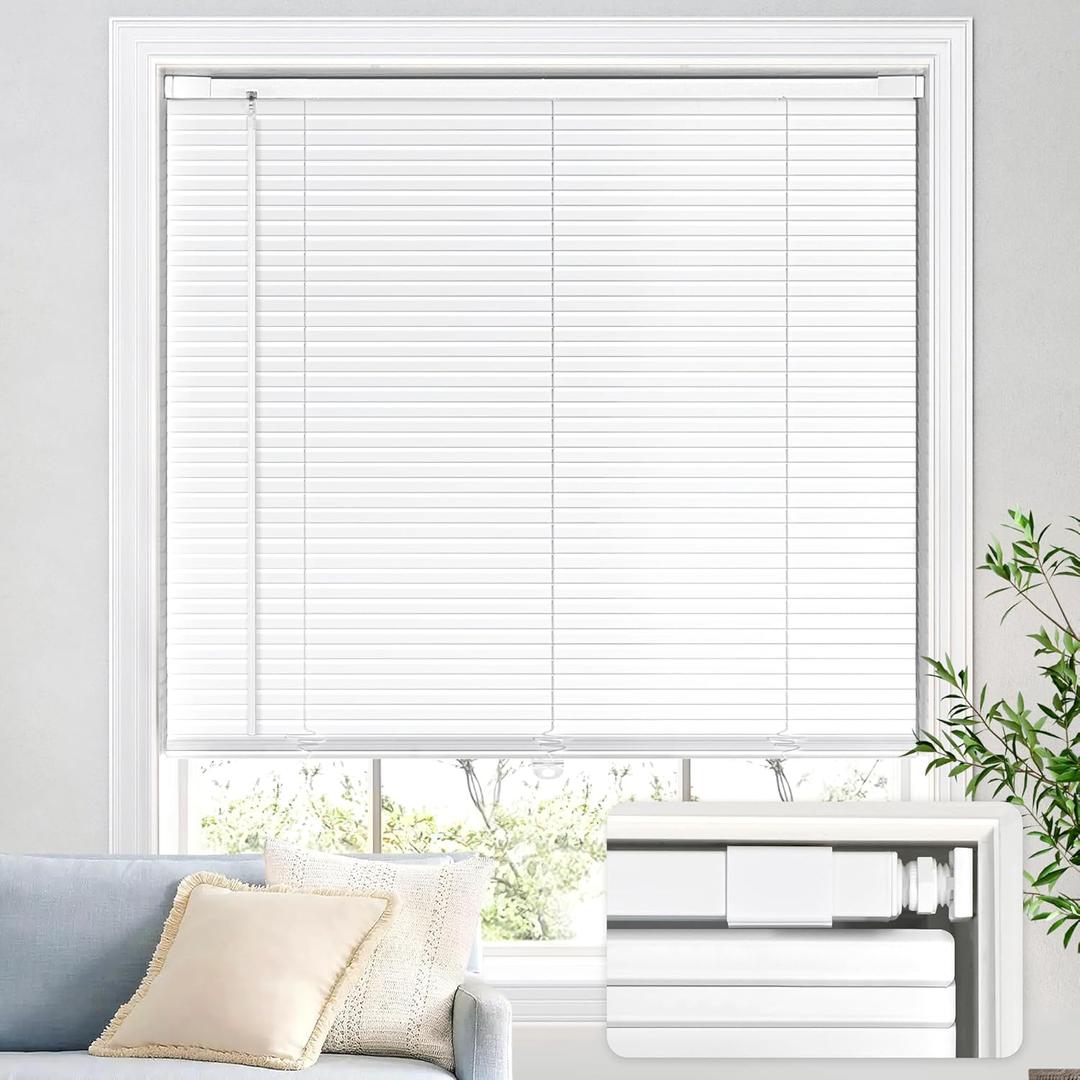 UNISHADES No Drill Blinds for Windows 1" Aluminum Cordless Mini Blinds L-Shaped Slat 100% Privacy, for Window Size 31" W 48" H - White