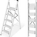KINGRACK Aluminium 5 Step Ladder, Lightweight Step Stool with Non-Skid Pedals, Handrail, Foldable Step Ladder for Kitchen, Garage, Home, Space Saving, Sturdy and Portable, Silver