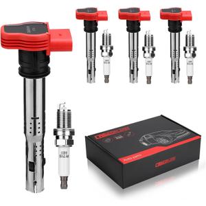 Ignition Coil Pack UF529 and Iridium Spark Plugs, Compatible with Volkswagen Audi A3 A4 A5 A6 A7 A8-3.0L 3.2L 4.2L 5.2L Q5 Q7 R8 S4 S5 TT MK6 Golf Passat CC for 06E905115F UF529, Set of 4