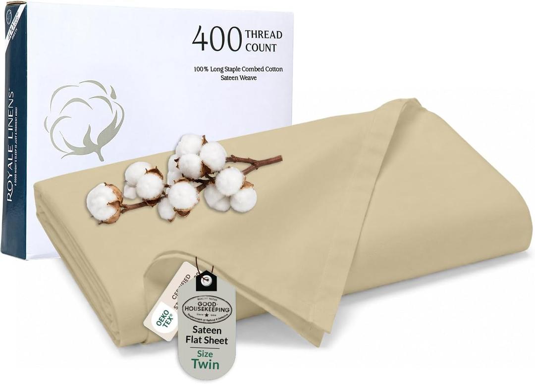 Royale Linen 400 Thread Count 100% American Grown Cotton Flat Sheet - Cooling Sheets - Twin Sheets - Luxury Sateen Weave - Twin Flat Sheet Sold Separately - Sand Flat Sheet Only (Twin, Moroccan Sand)