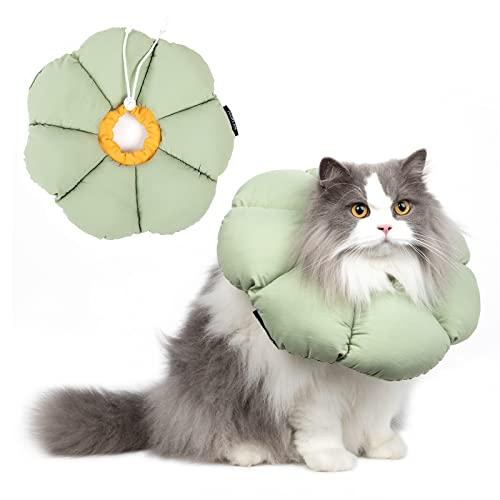 Cat Cone Collar,Cute Waterproof Cat Recovery Collar,Anti-Bite Lick Wound Healing Safety Elizabethan e Collar for Cats,Green Flower All-Season Style, Large
