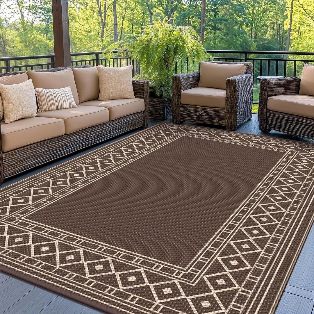 GENIMO Outdoor Rug Waterproof for Patio, 9'x12' Foldable Reversible Plastic Straw Carpet for Travel Trailers, Outside Area Mat for Rv, Deck, Picnic, Porch, Camper, Balcony, Beach, Coffee & Beige
