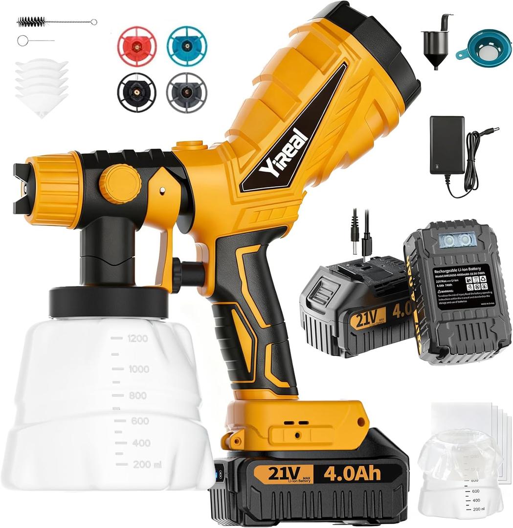 Cordless Paint Sprayer With Battery 2*4000mAh 2*1200 ml Cans,Electric Spray Paint With Reusable Metal Filter 4 Nozzles,Hvlp Spray For House Painting Furniture Cabinets Fence Wall (Large, Yellow)