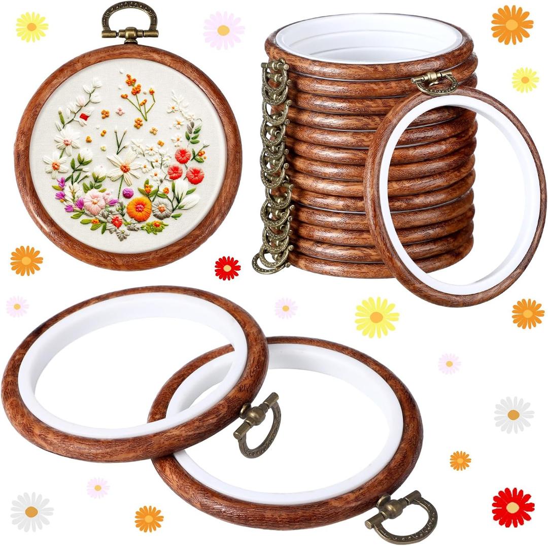 Burbell 15 Pcs 3 Inch Spring Round Embroidery Hoops Frame Circle Rubber Hoops Ring Display Cross Stitch Ornament Imitated Wood Frame Kits for Mothers's Day Craft Sewing DIY Hanging Gifts
