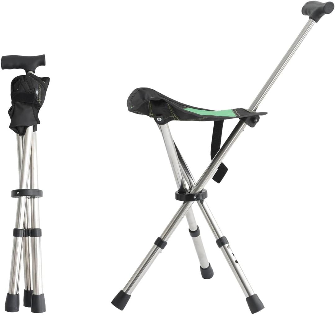 King Mills Lightweight Portable Stools for Adults Heavy Duty, Adjustable Walking Chair for Adults, Anti-Slip Cane Seat Walking Stick Folding Seat 250 Lbs Above Ideal for Camping & Hiking (Green)
