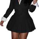 Womens 2 Piece Outfits Business Casual Cropped Blazer Jacket and High Waist Pleated Mini Skirt Sets (XX-Large, Black)
