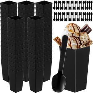 200 Pcs Black Dessert Cups with Spoons Small Plastic Goblets Disposable Parfait Charcuterie Cups Pudding, Mousse Set for Party(3 oz, Square)