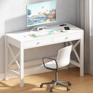 ChooChoo Computer Desk with USB Charging Ports and Power Outlets, Modern Simple 40 Inches Desk with Drawers, Makeup Vanity Console Table, White