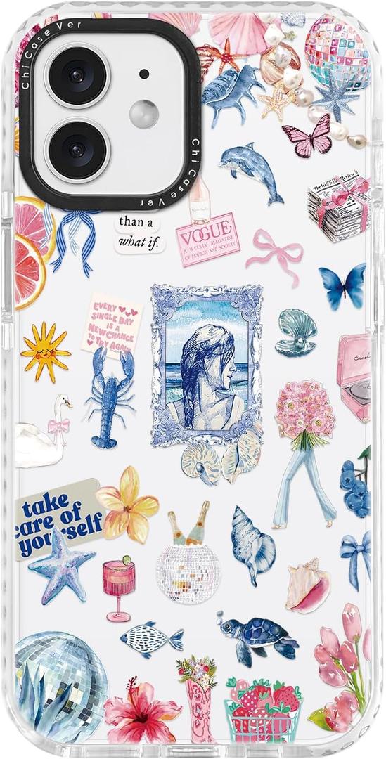 for iPhone 11 Case, Ocean Self-Care Collage Pattern with Sea Creatures, Military-Grade Drop Protection, Aesthetic Soft Slim TPU Protective & Camera Protection for Women Girls (BlueSummerCut)