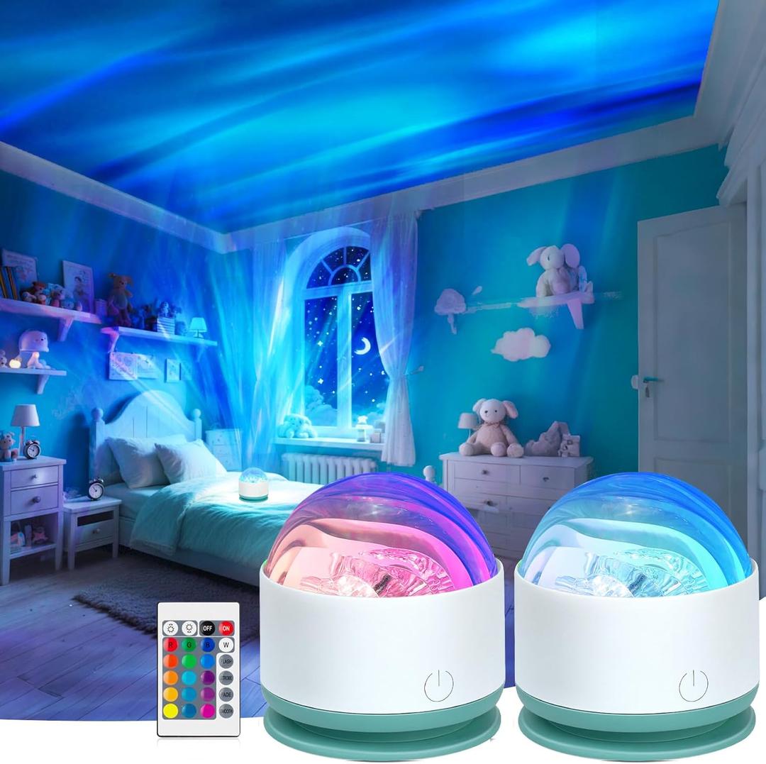 Northern Lights Projector, Rechargeable 16 Color Aurora Night Light Projector Ambient Lighting with Dimmable & Remote Control for Bedroom Kids Teen Girl Gift Room Decor - 2P
