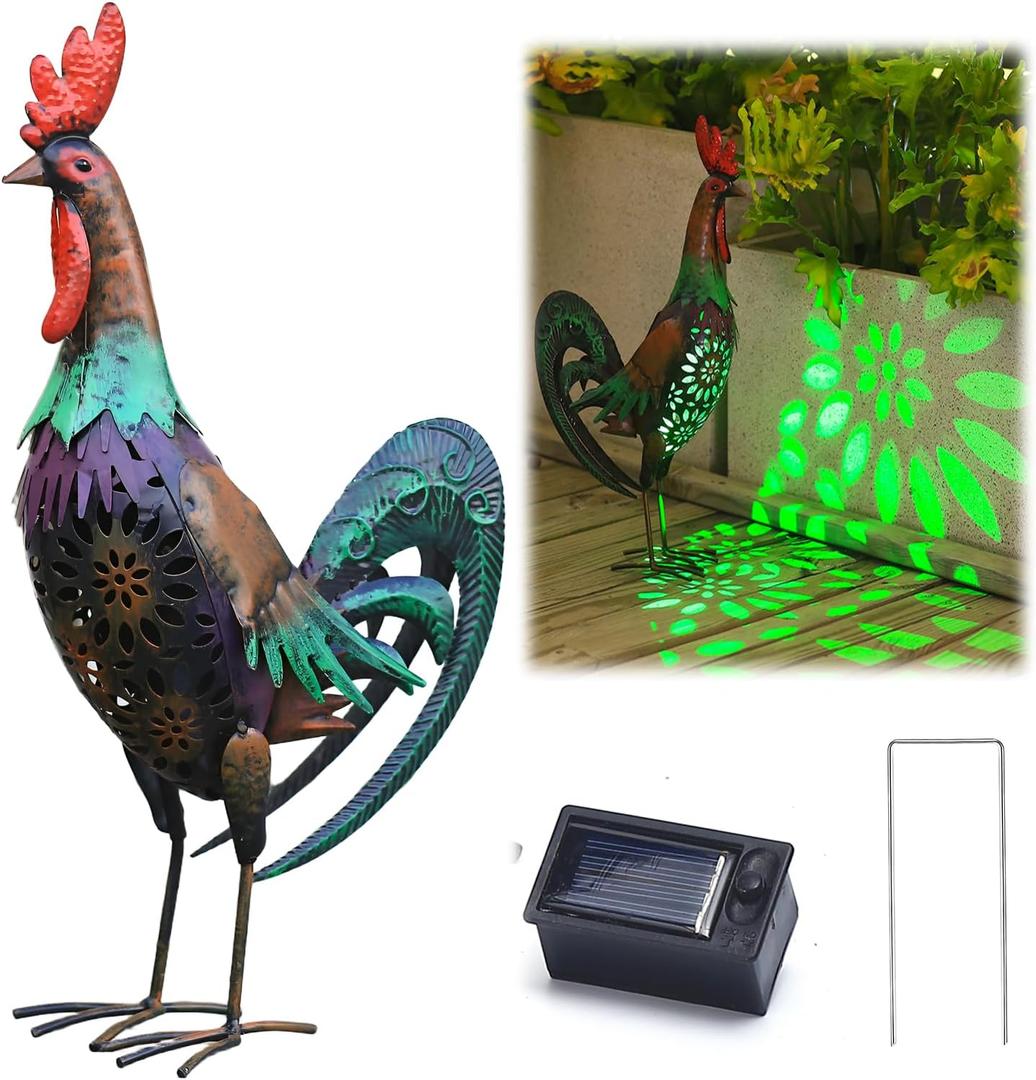 Solar Rooster Statue Light Outdoor, 18" Metal Yard Art Rooster Figurines(Retro Rooster).