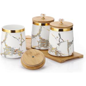 JUXYES Set of 3 Canisters Set for Sugar Coffee Tea with Airtight Lid, Ceramic Storage Containers Sets White Storage Pots with Tray Storage Jar Decorative Canisters Sets for for Kitchen Counter, 4.1" X 4.1" X 4.9"