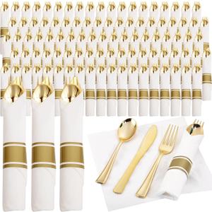 Supernal 120Pack Gold Plastic Silverware Wrapped Plastic Cutlery Set with Napkin,Pre Rolled Napkins with Cutlery Set,Rolled Silverware Disposable For Valentine's Day Mother's Day and Easter