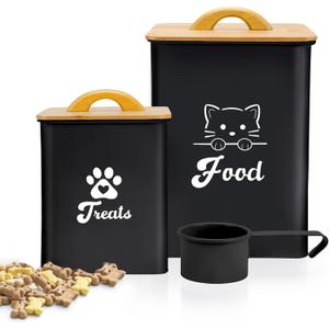 Cat Food Storage Container with Scoop, 2PCS Cat Food Storage Container with Lids Airtight, Cat Treat Jars for Kitchen Counter-7+3Lbs, Cat Cookie Jar for Storage, Black