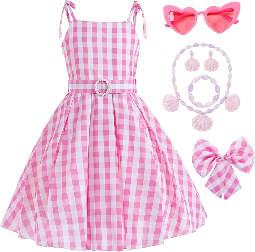 Princess Costumes Novelty Movie Cosplay Plaid Slip Dress Kids Birthday Fancy Girls Pink Costume with Accessories 3-10Y (Barbi)