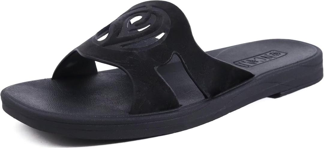 ONCAI Slides for Womens,Flat Dressy Square Toe Summer Beach Sandals for Woman with Comfortable Non-slip Rubber Soles, Size 7, All-black 