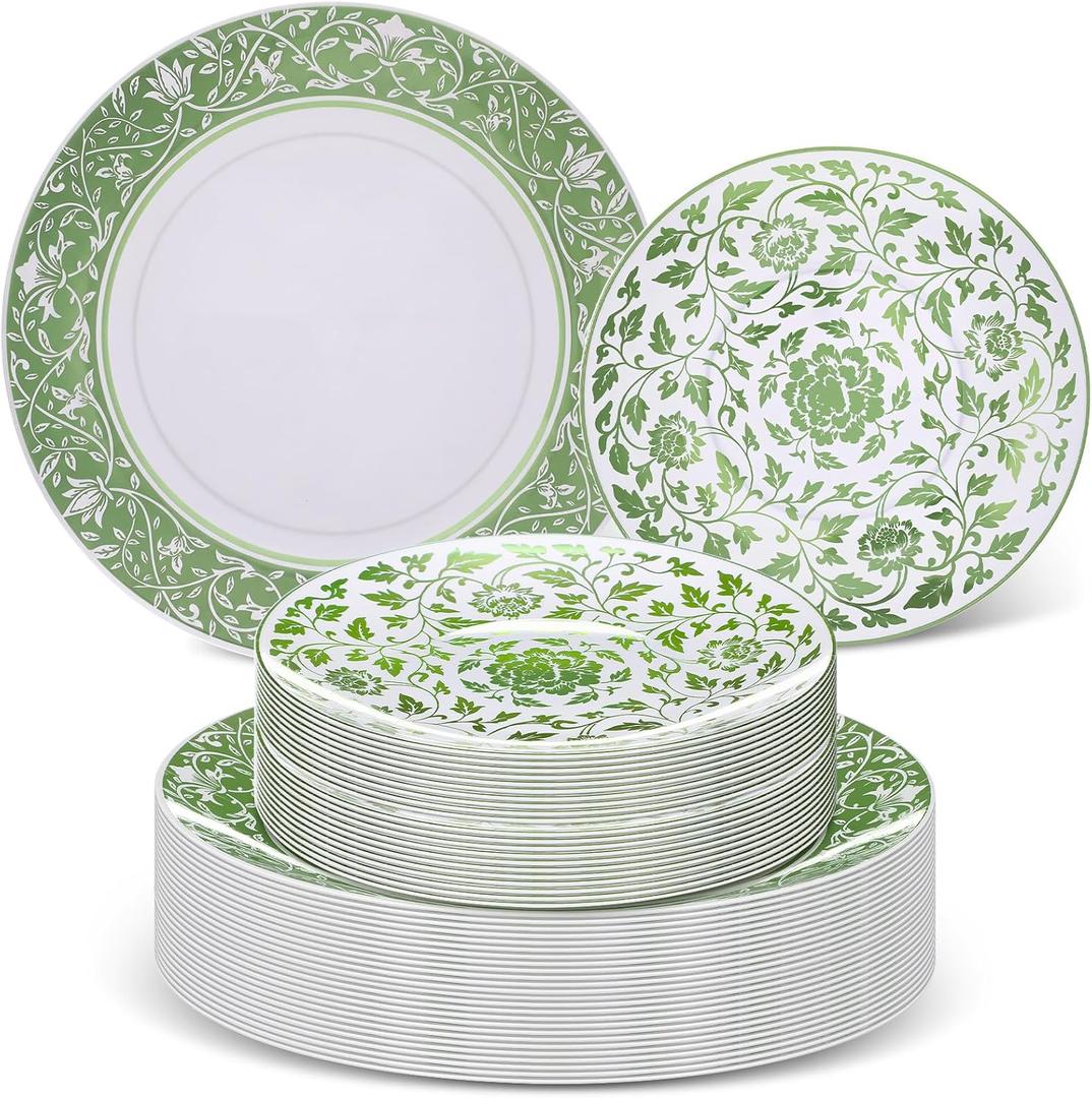 Hushee 60 Pcs Green Plastic Plates Set for Wedding Party Guests Green and White Floral Pattern Dish 10.25" Dinner 7.5" Dessert Plates Disposable for Banquet Dinner Bridal Shower
