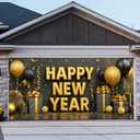 13x6ft Happy New Year Garage Door Banner Golden Balloons Confetti Backdrop New Year's Eve Garage Door Cover Decoration for Celebration Party Indoor Outdoor House Wall Background Decor