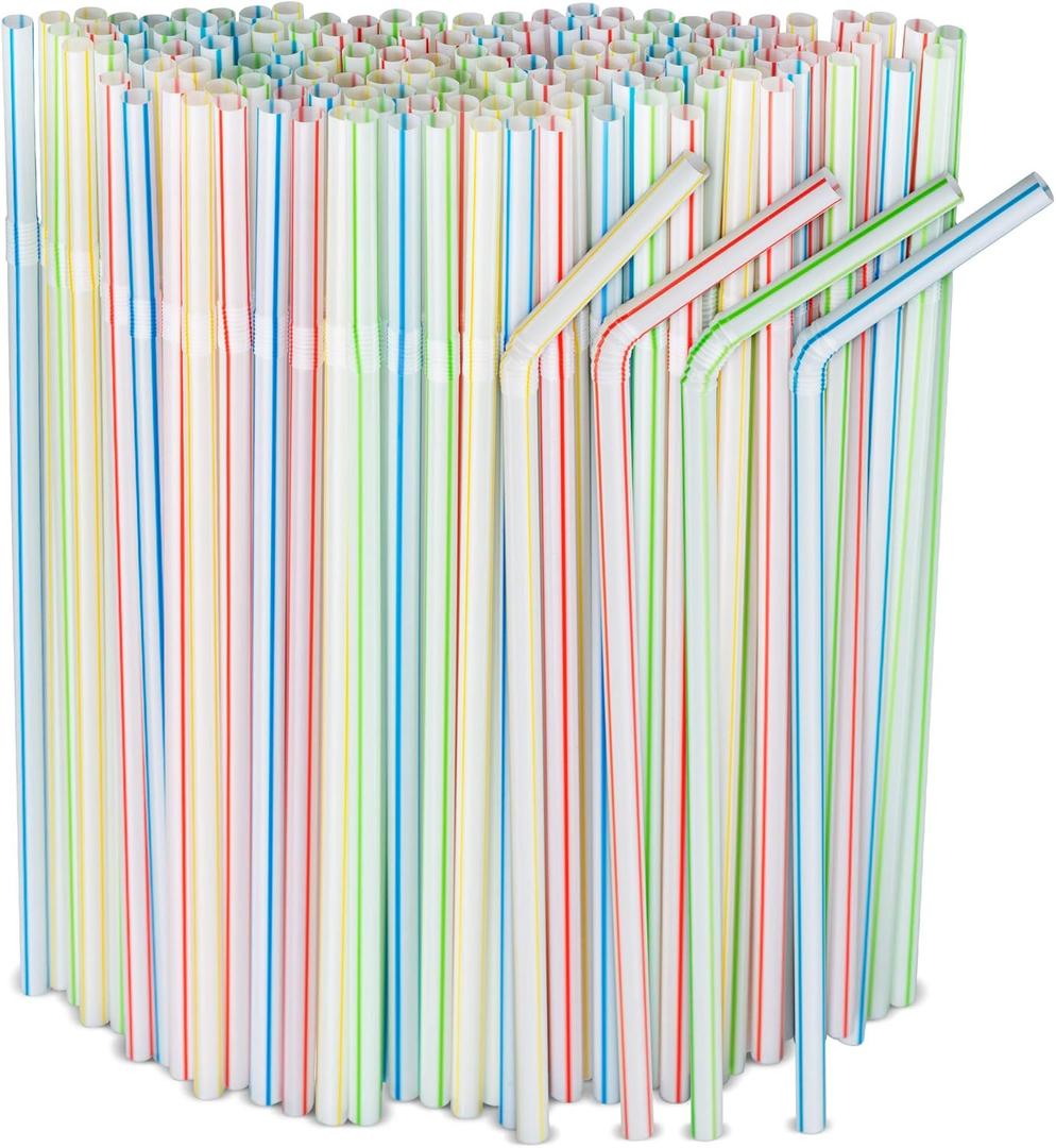 [500 Pack] Striped Flexible Plastic Drinking Straws Disposable Straw 8'' inches Tall Assorted Colors (Stripes)