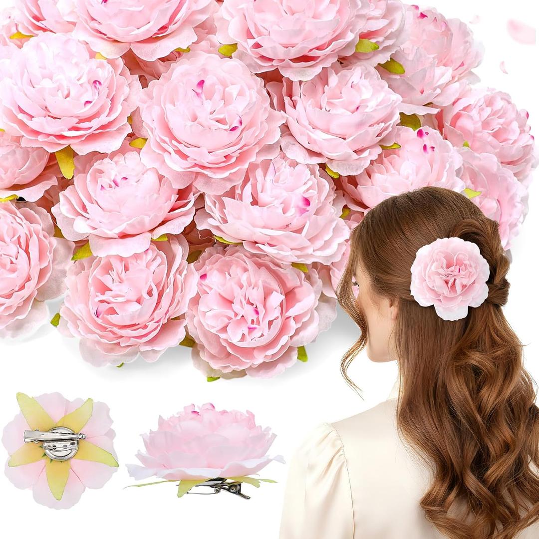 40 Pack Peony Flowers Hair Clip Set 3.1 Inch Flowers Hairpin Brooch Artificial Bridesmaid Pin up for Women Peony Hair Accessories Clothing Wedding Travel Birthday Party (Pink)