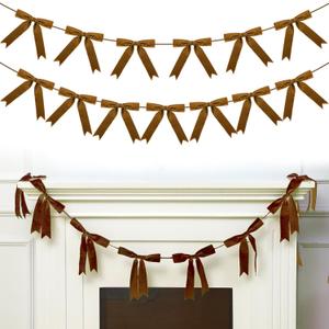 VitalCozy 10 ft Christmas Velvet Bow Garland Pre-Strung Bow Garland Banner with 13 Pcs 7 x 7 Inches Bows Reusable Vintage Velvet Bow Decoration for Xmas Tree Fireplace Staircase(Khaki)