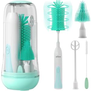 Electric Bottle Brush Cleaner, Portable Electric Baby Bottle Brush Cleaner for Travel, Rechargeable Travel Bottle Cleaner Kit with Nipple & Straw Brush, Perfect Mom Essentials After Birth Gift, Green (Round Model for Home Use)