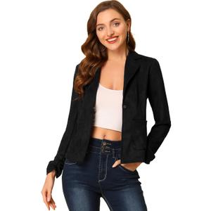 Allegra K Women's Faux Suede Blazer Lapel Collar Ruched Sleeve One Button Work Office Jacket Blazers Medium Black