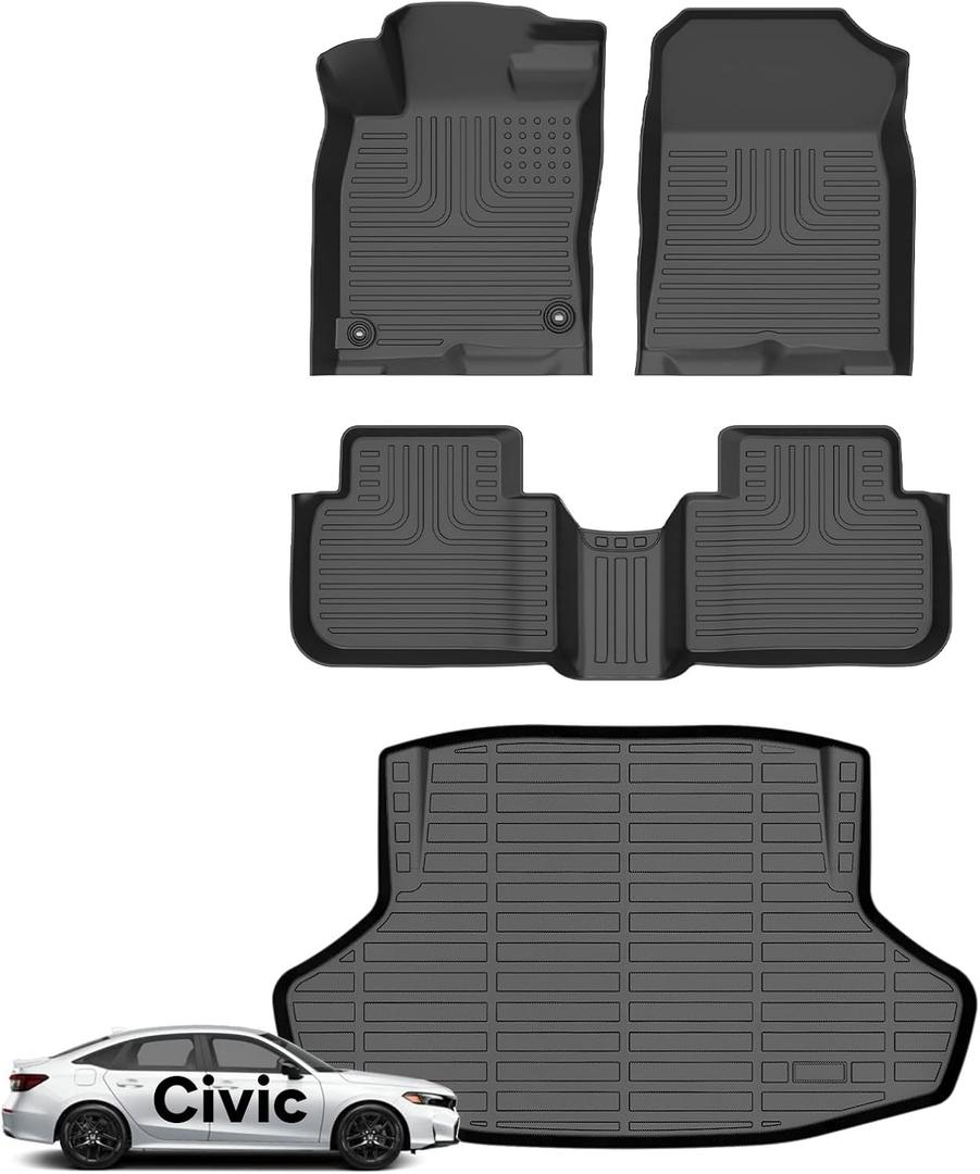 Wayhigh Floor Mats & Cargo Liner for Honda Civic Sedan Gas 2022-2026 (Not fit Hybrid), All Weather TPE Car Mats Waterproof Heavy Duty Floor Liners, Floor Mats Custom Fit for Civic Accessories