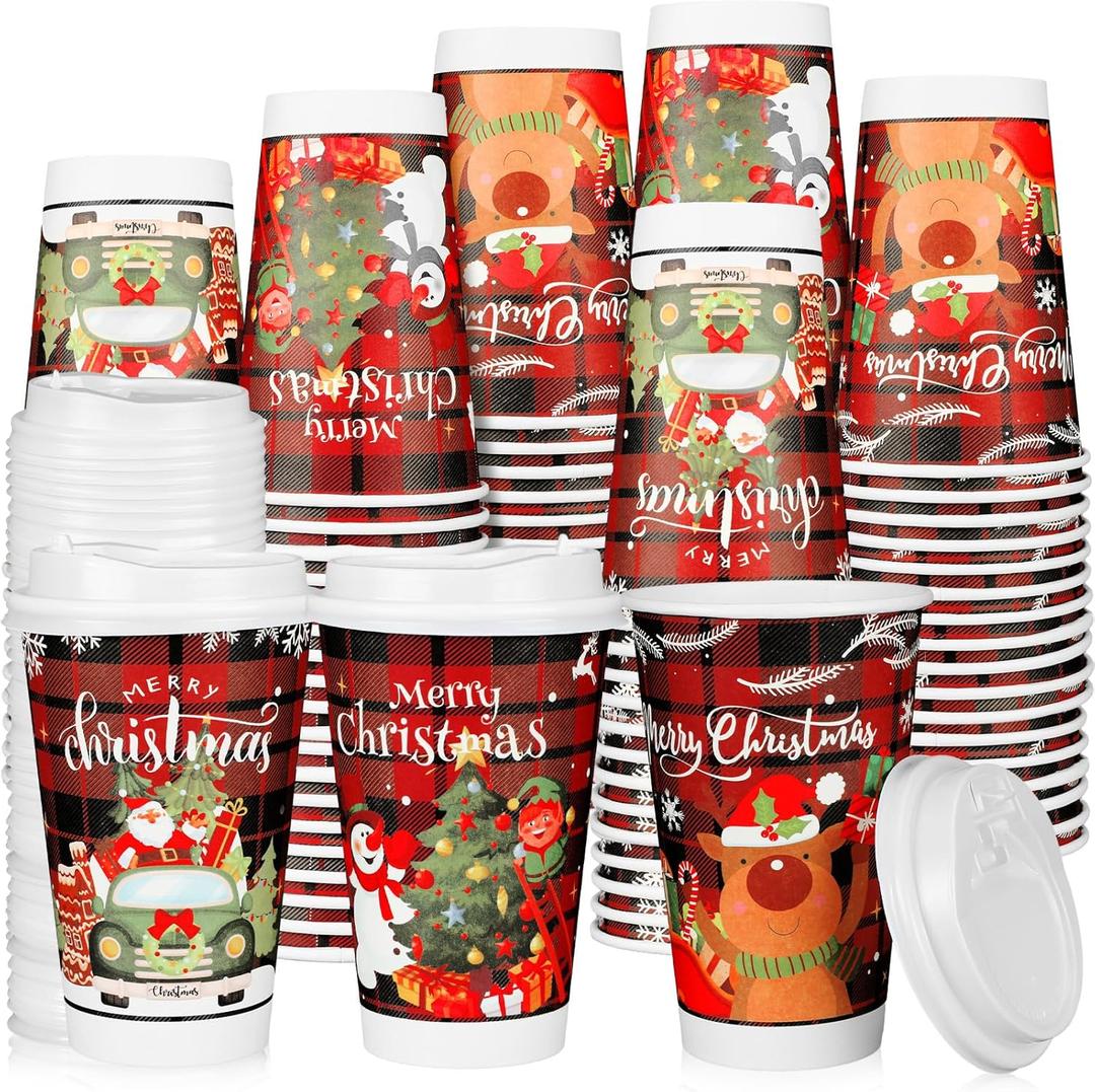 60 Pcs 16oz Christmas Paper Cups Disposable Coffee Cups Xmas Holiday Cups Snowflake Snowman Elk Buffalo Plaid Christmas Paper Cups for Hot Chocolate Cold Beverages Tea Party Supplies (Fresh)