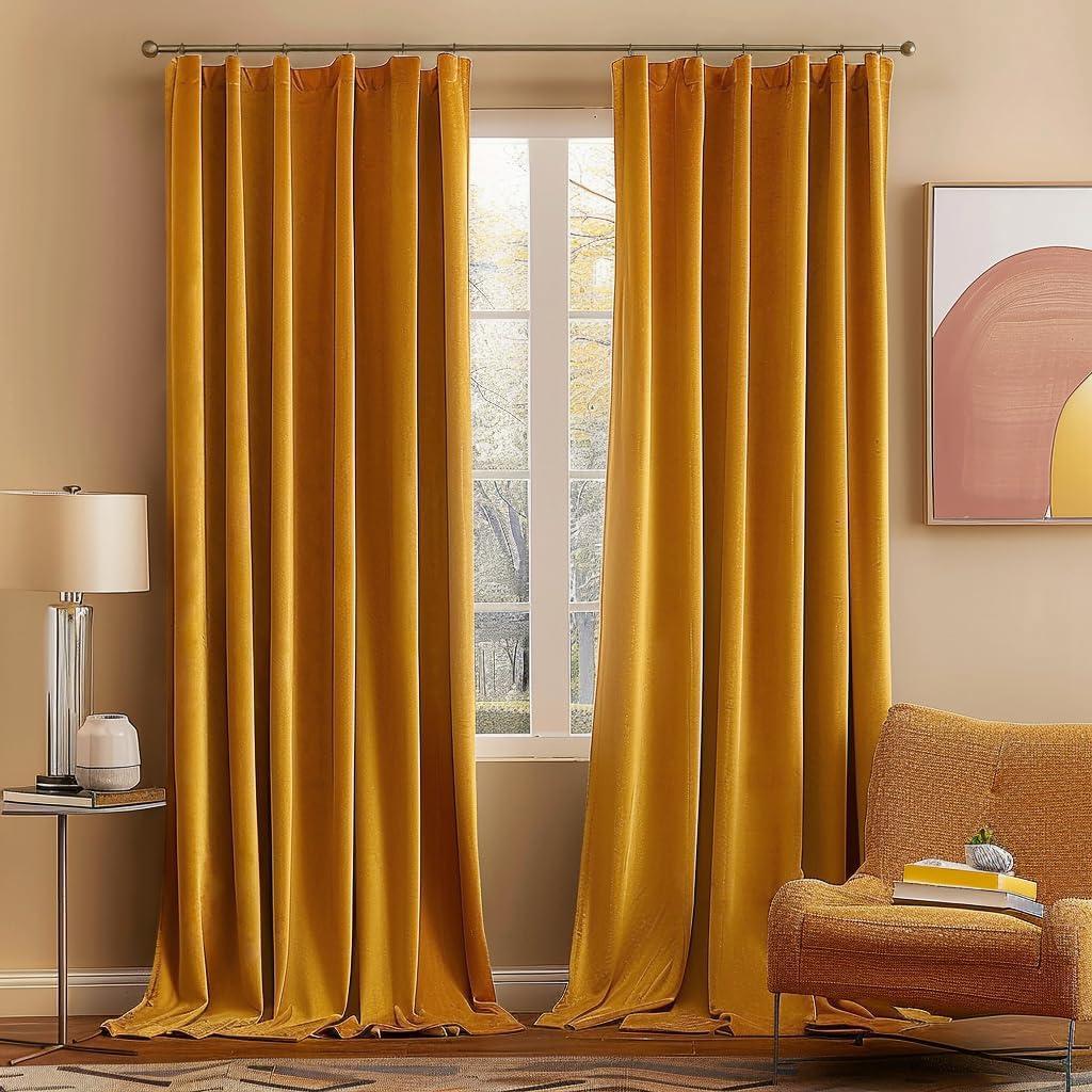 MIULEE Velvet Curtains 84 inches 2 Panels - Luxury Blackout Curtains for Bedroom Living Room Thermal Insulated Fall Decor Super Soft Window Drapes Rod Pocket & Back Tab, Mustard Yellow
