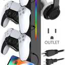 KAFRI RGB Gaming Headphone Stand with 8 Light Modes, Controller Holder for Desk - with Retractable Charger Cable - 2 Outlet Power & 4 Type-C Charging Port for PC Gamer Accessories(Grey)