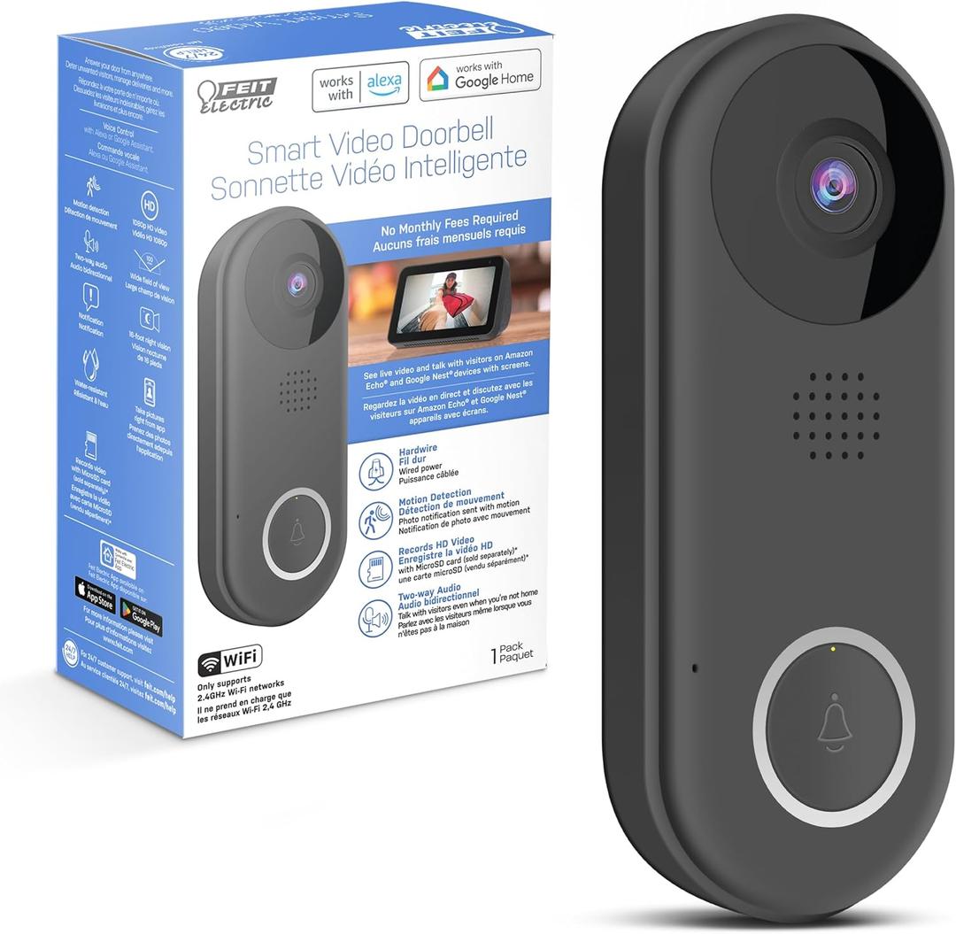Feit Electric Doorbell Camera, 2.4 GHz WiFi, No Hub, Two-Way Audio, Motion Detection, Night Vision, 1080p HD, Micro SD Card Storage, Wireless Chime Included, Hardwired, CAM/Door/WiFi (Black)