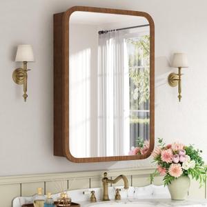 20x28 Inch Wood Medicine Cabinet with Mirror, Surface or Recessed Mount Bathroom Mirror Cabinet, Adjustable Glass Shelves, Soft-Close Door, Rounded Corner, Fully Assembled, Walnut