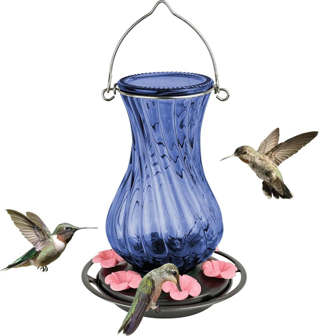 Nature's Way Hanging Glass Hummingbird Feeder for Outdoor Decor, 32 Ounce Capacity Nectar Feeder, 6 Easy to Clean Flexible Pink Ports, Blue