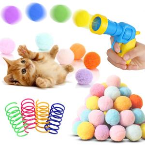 Low Noise Interactive Cat Ball Launcher, 1 Noise-Reduced Launcher (New Upgraded), 20 Pcs Colorful Silent Plush Pom Pom Balls (1.2 inches), with 4 Pcs Cat Spring Toy