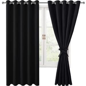 Hiasan Grommet Blackout Curtains for Bedroom, 60 x 72 Inches - Thermal Insulated & Noise reducing Window Drapes for Living Room/Dorm Room, Set of 2 Panels Sewn with Tiebacks, Black